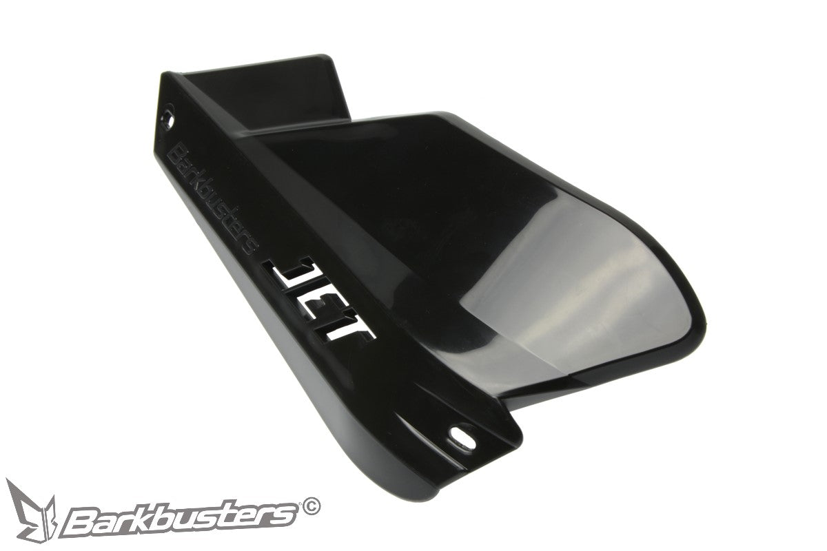 Plastica paramano Barkbusters JET-003 nera vista dall'interno, con i fori di fissaggio alla struttura