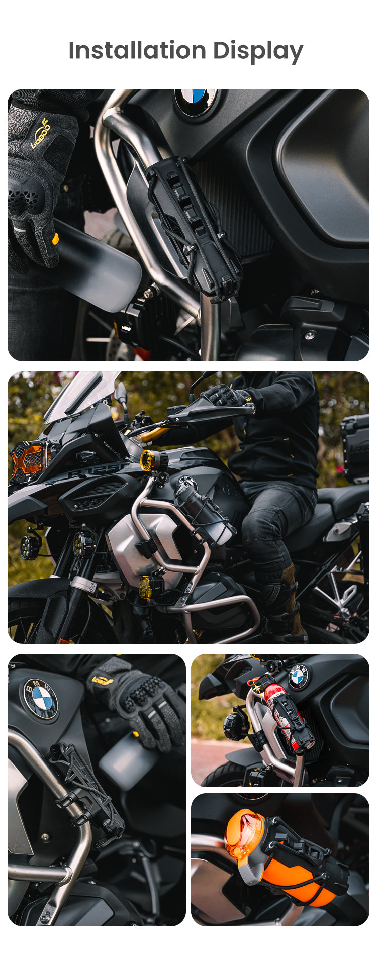 Mounted on a BMW GS maxi enduro motorcycle