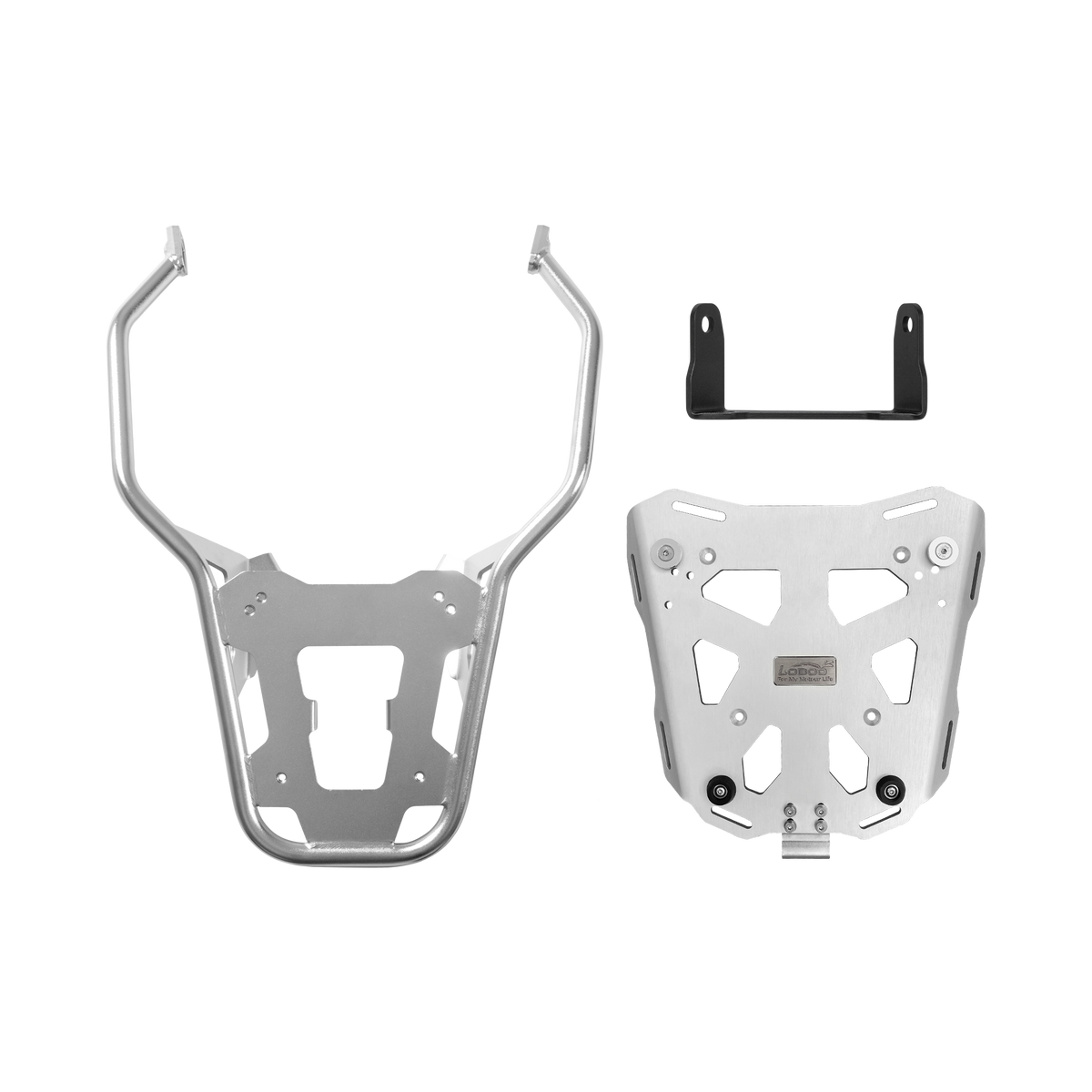 Portapacchi posteriore LOBOO JPTC025W per BMW F 900 GS: telaio tubolare, piastra in alluminio e staffa di collegamento