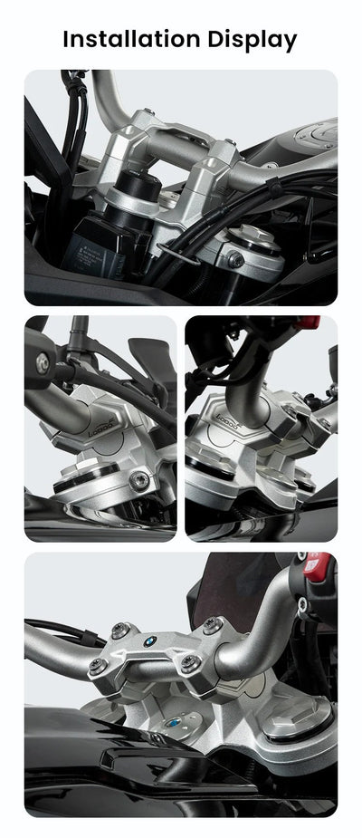 Riser LOBOO CJG033 installato sulla BMW F 850 GS: quattro viste del manubrio