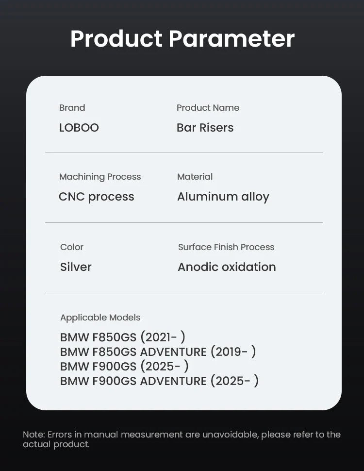 Scheda parametri LOBOO CJG033: alluminio CNC, ossidazione anodica, BMW F850GS e F900GS