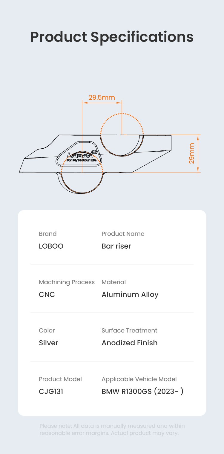 Scheda specifiche LOBOO CJG131: rialzo 29 mm, arretramento 29,5 mm, alluminio CNC anodizzato argento