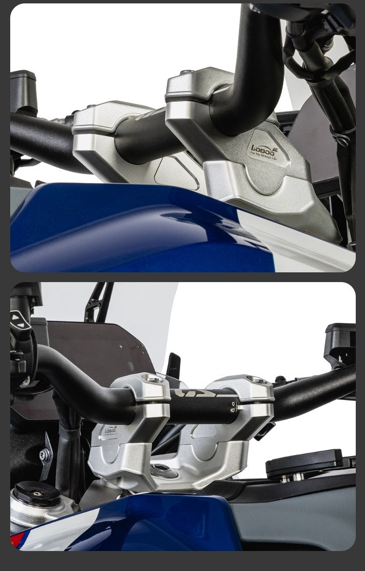 Due viste del manubrio della BMW R 1300 GS rialzato con i riser LOBOO CJG131