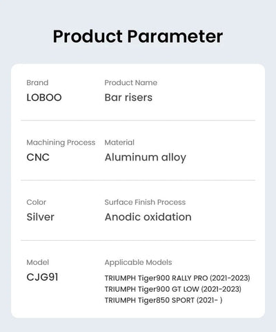 Scheda parametri LOBOO CJG91: alluminio CNC, ossidazione anodica, colore argento