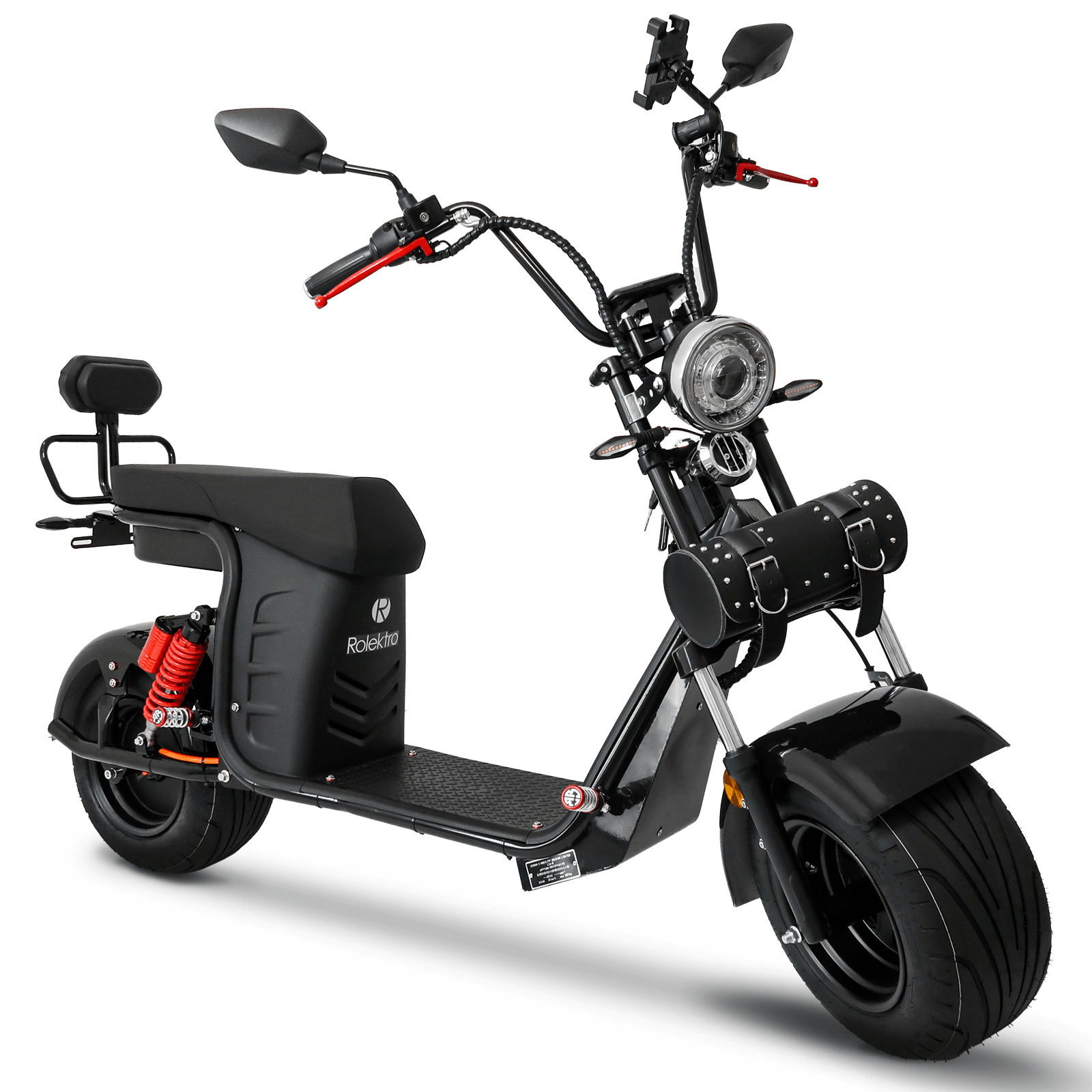 Rolektro E-Chopper 45 da tre quarti anteriore destra, con manubrio alto e faro cromato