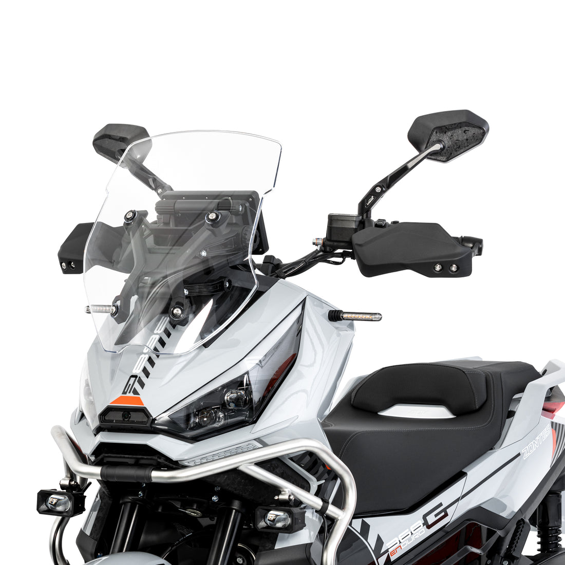 Moto adventure di tre quarti anteriore con gli specchietti LOBOO RM03-Lite montati