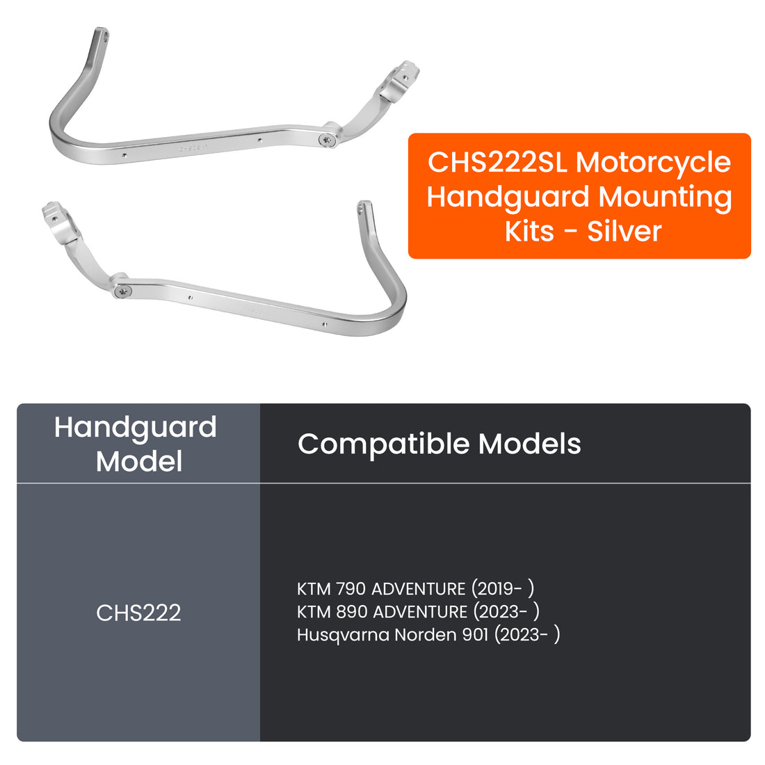 Staffe argento per paramani KTM 790 e 890 Adventure e Husqvarna Norden 901, con tabella dei modelli compatibili
