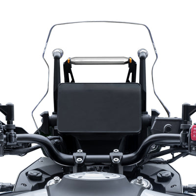 Supporto navigatore con traversa argento montato sulla CFMOTO 800MT, vista frontale