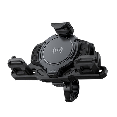 Supporto smartphone LOBOO PH02S visto di tre quarti, con pad di ricarica wireless e morsetto per manubrio