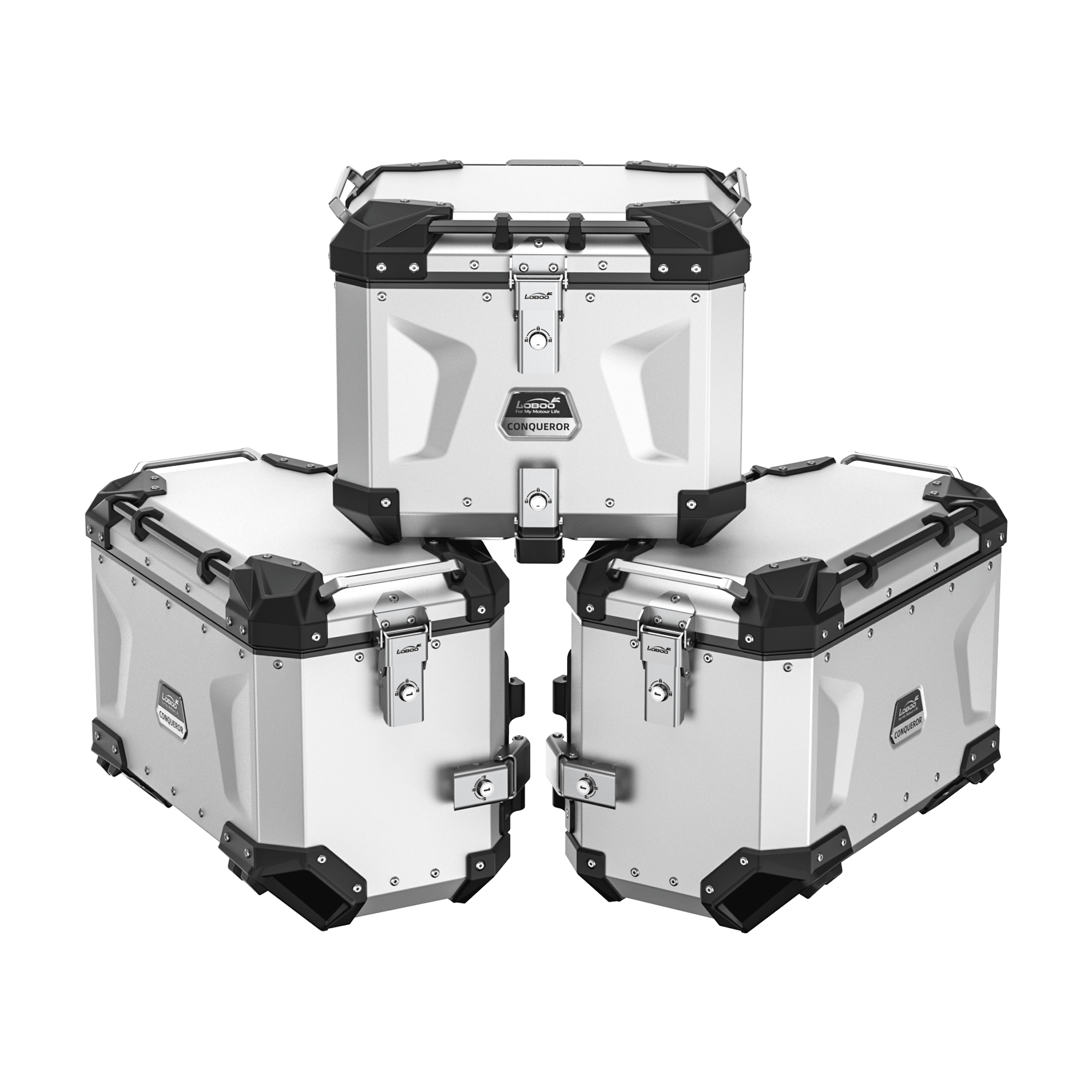 Set tre valigie LOBOO CONQUEROR in alluminio argento per BMW R 1300 GS: due laterali da 45 L e bauletto da 40 L