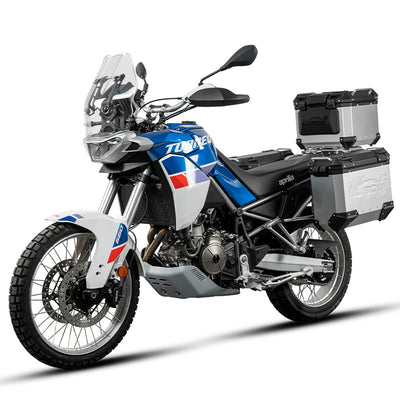 Aprilia Tuareg 660 con valigie laterali e bauletto LOBOO PIKE TRACKER argento sui telai JP441B