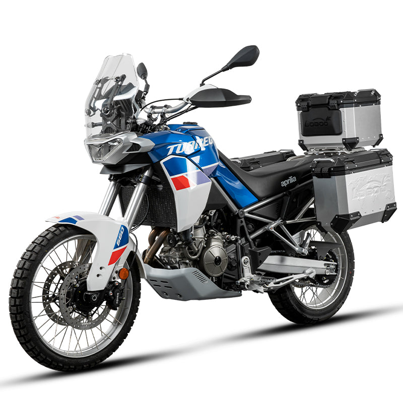 Aprilia Tuareg 660 con valigie laterali e bauletto LOBOO PIKE TRACKER argento sui telai JP441B