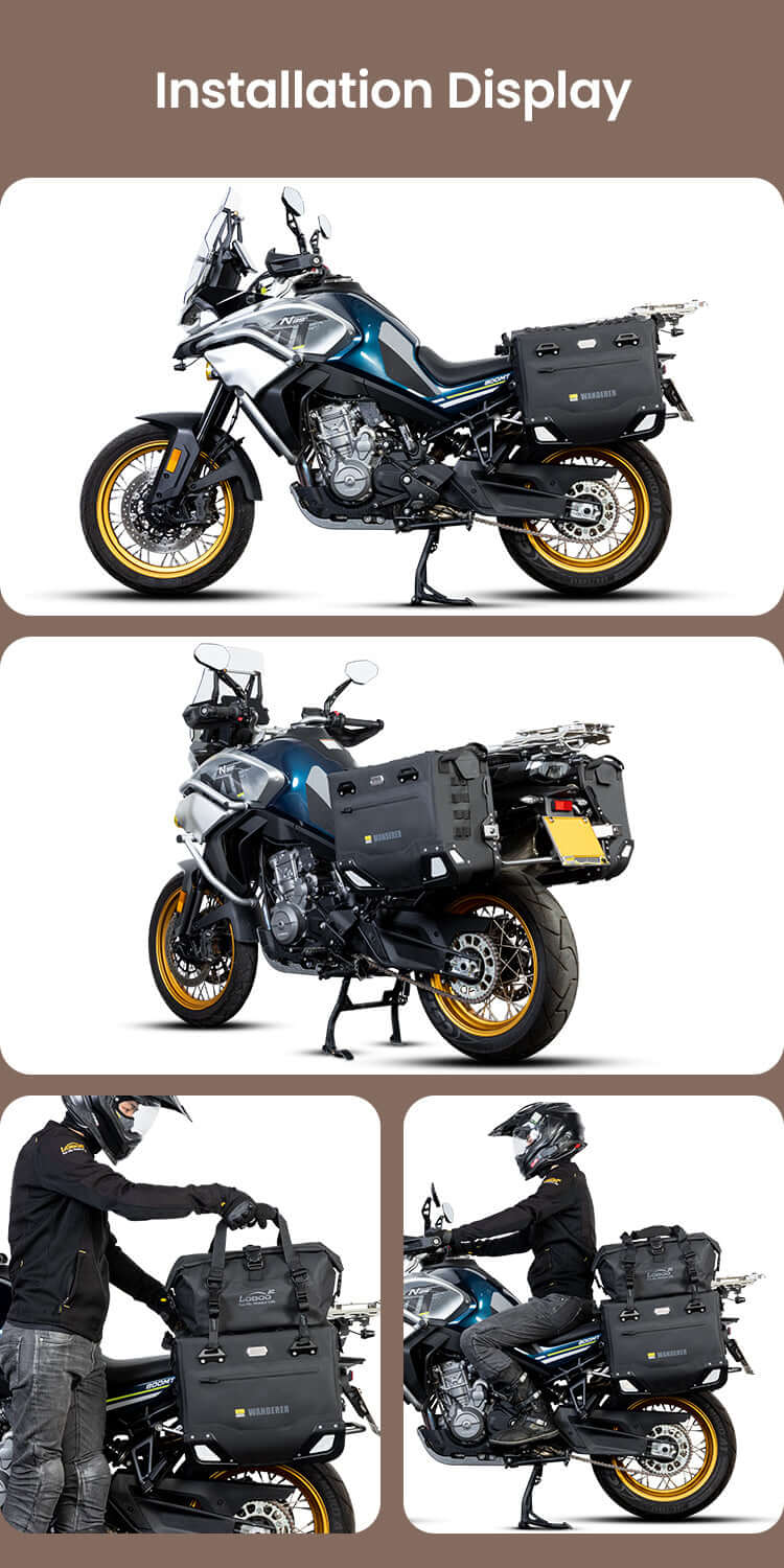 Valigie Semirigide Wanderer 40lt+30lt montate su CFmoto 800Mt, viste laterale e tre quarti