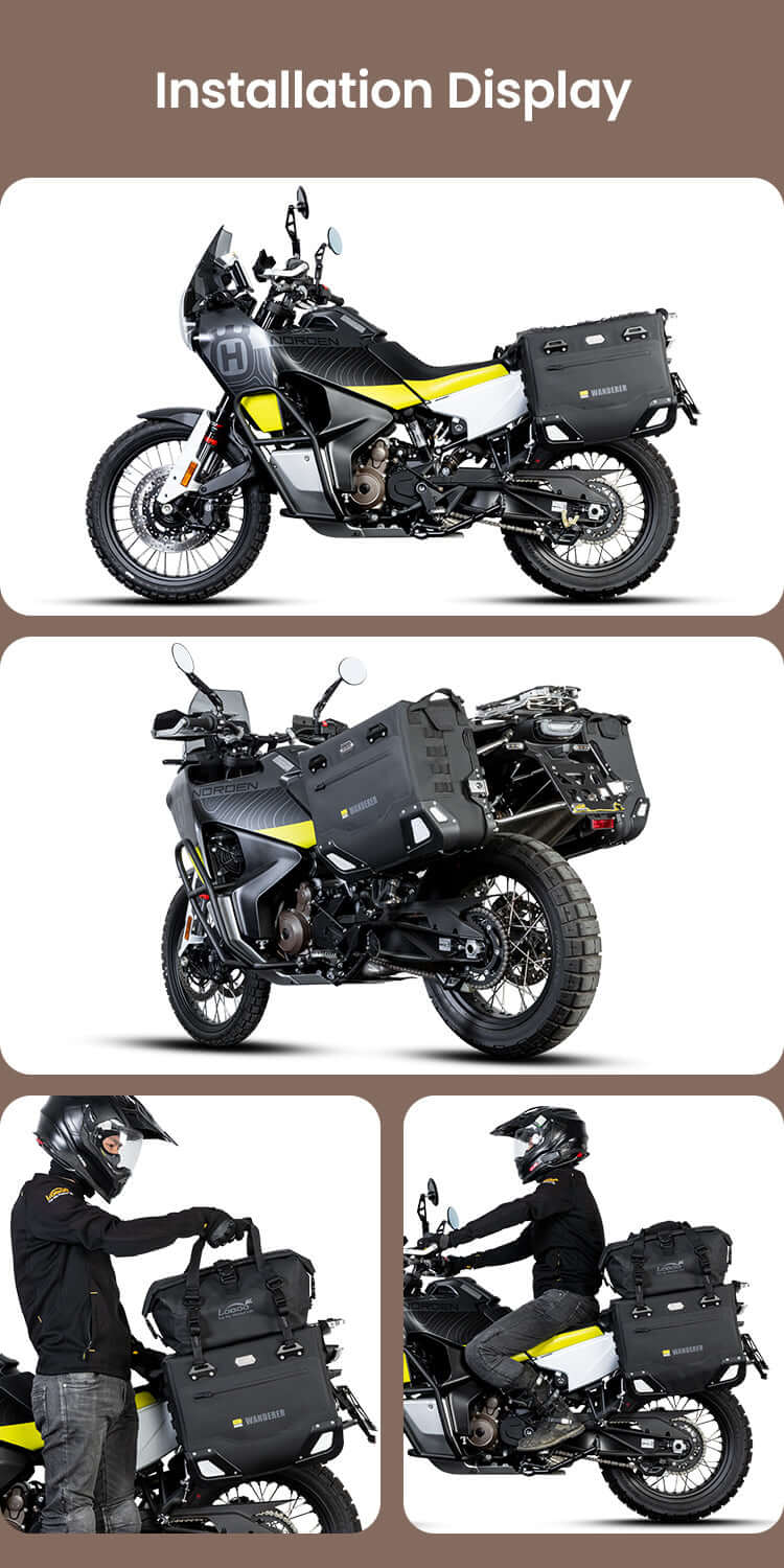 Valigie Semirigide Wanderer 40lt+30lt montate su Husqvarna 901 Norden, viste laterale e tre quarti