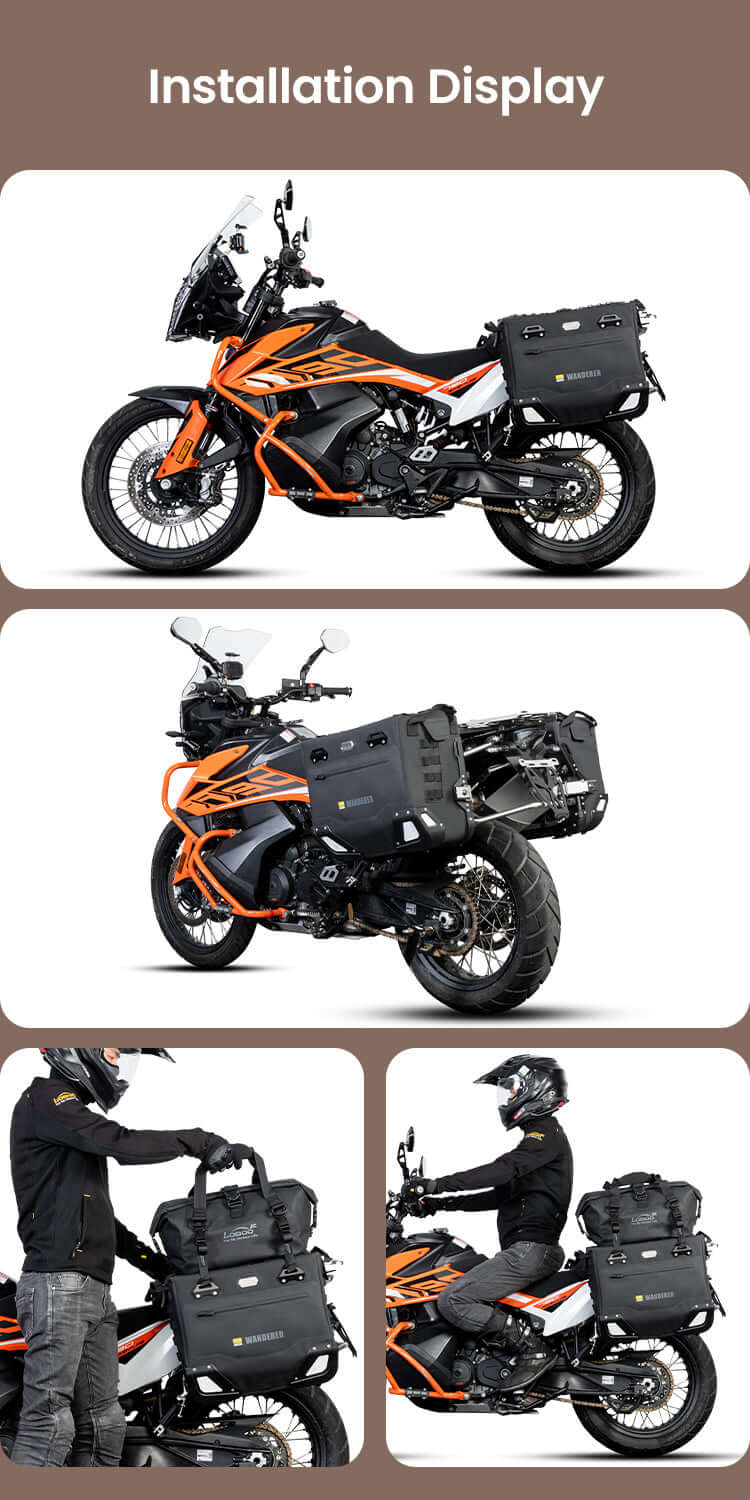Valigie Semirigide Wanderer 40lt+30lt montate su KTM 790 Adventure, viste laterale e tre quarti